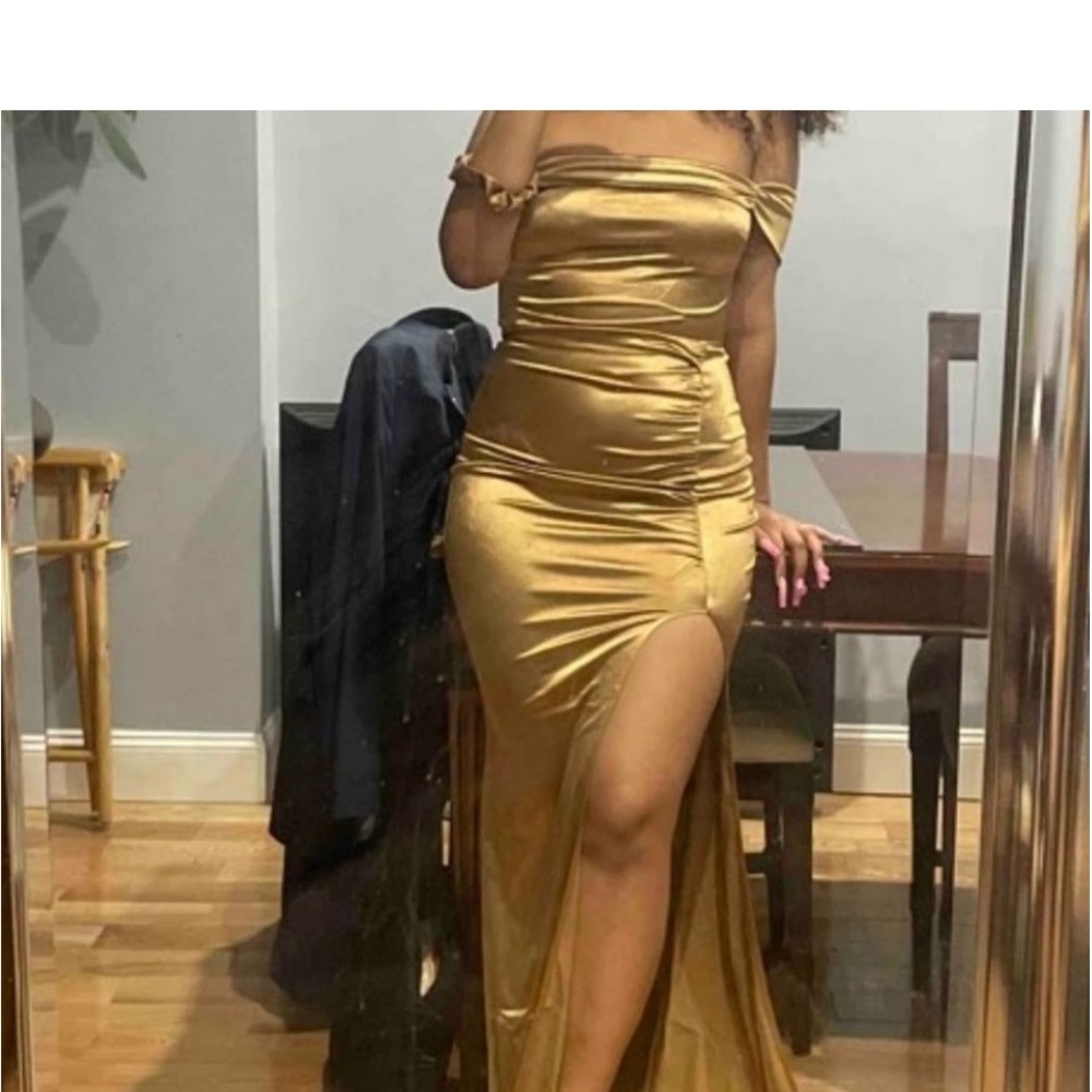 Gold Satin off shoulder split thigh dress. Sexy.